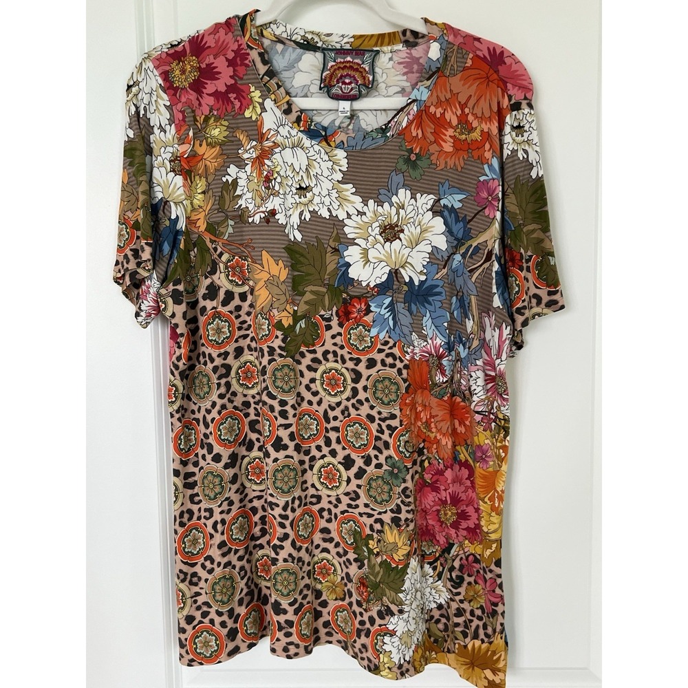 Johnny Was Taylor Leopard Floral Bamboo Tee Women's Large Multicolor Boho Top